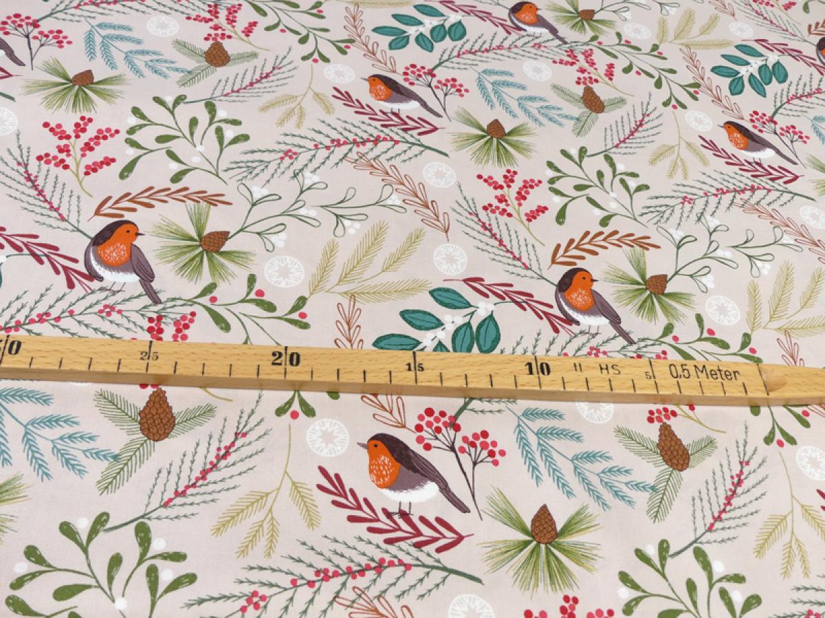 New Forest Quiltstoff Rotkehlchen beige mit Maßangabe